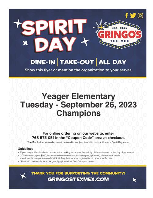 Yeager Spirit Day at Gringos September 26
